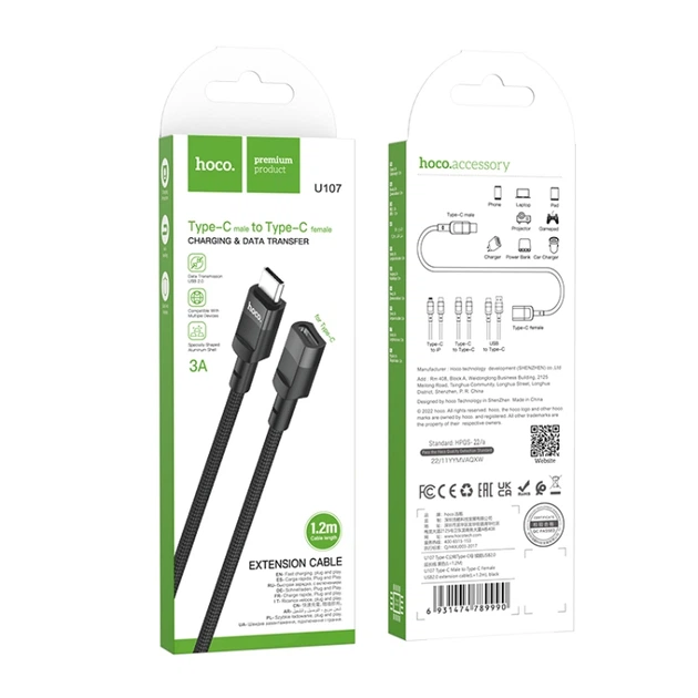 Кабель підовжувач HOCO U107 Type-C Male to Type-C Female USB2.0 extension cable (L=1.2m) Black - зображення 2
