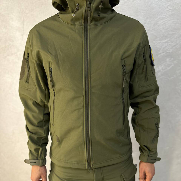 Мужская водонепроницаемая куртка Softshell с капюшоном и вентиляционными молниями олива размер L - изображение 2