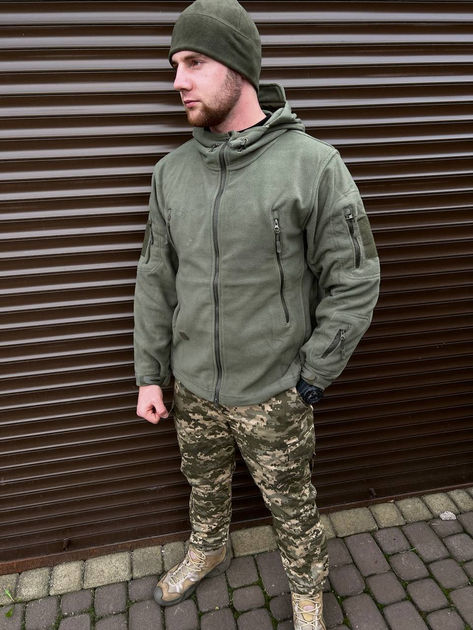 Мужская флисовая Куртка с капюшном и панелями под шевроны олива размер XL - изображение 2