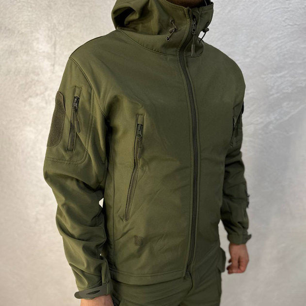 Чоловіча водонепроникна Куртка Softshell з капюшоном та вентиляційними блискавками олива розмір M - зображення 1