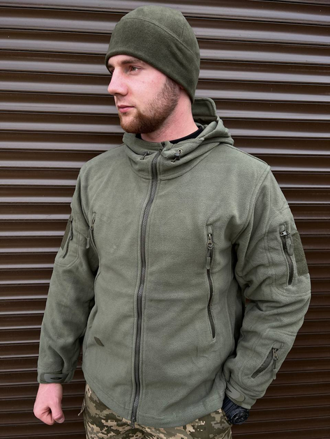 Мужская флисовая Куртка с капюшном и панелями под шевроны олива размер 3XL - изображение 1