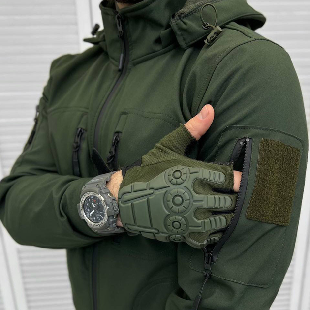 Чоловіча демісезонна Куртка SoftShell з капюшоном та додатковими кишенями олива розмір 3XL - зображення 2