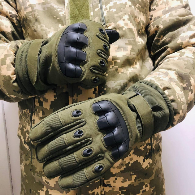Плотные зимние перчатки на меху с сенсорными пальцами и защитными накладками хаки размер L - изображение 1