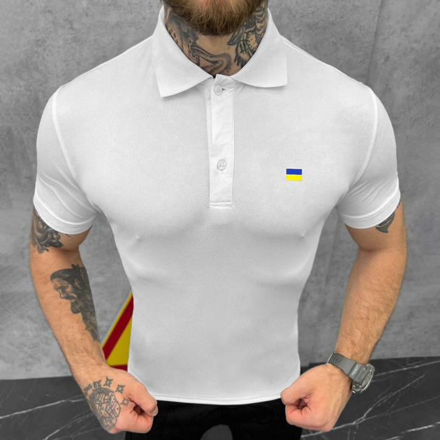 Мужское плотное Поло с принтом "Флаг Украины" / Футболка приталенного кроя белая размер XL - изображение 2