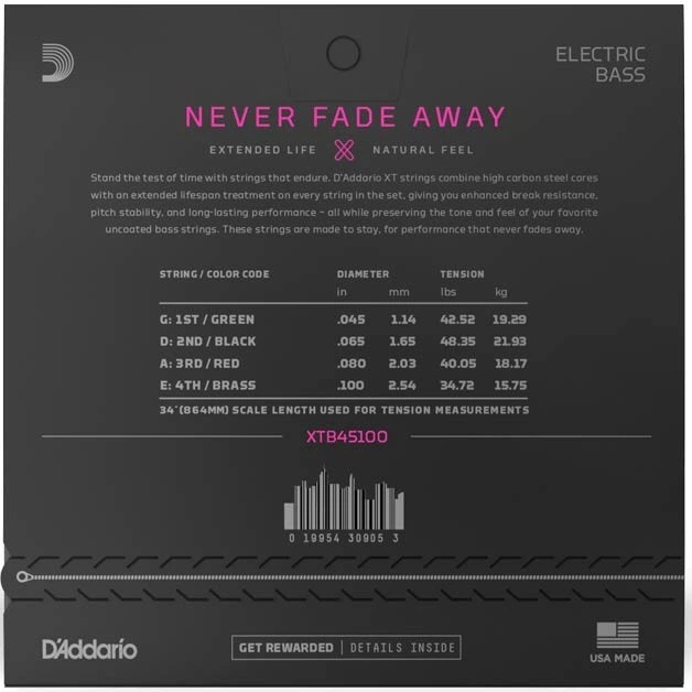 Струны для бас-гитары D'Addario XTB45100 XT BASS NICKEL PLATED STEEL REGULAR LIGHT (45-100) - изображение 3