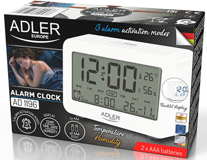 Настільний годинник-будильник Adler AD 1196w White (5903887809436) - зображення 6