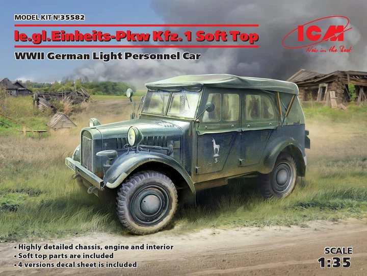 Збірна модель ICM le.gl.Einheitz-Pkw Kfz.1 з розкритим тентом, Німецький легковий позашляховий автомобіль 2СВ 35582 - Фото 2 Збірна модель ICM le.gl.Einheitz-Pkw Kfz.1 з розкритим тентом, Німецький легковий позашляховий автомобіль 2СВ 35582 - зображення 2