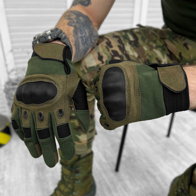 Плотные сенсорные перчатки с защитными карбоновыми накладками хаки размер L - изображение 1