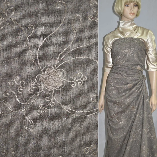 Твід коричневий з вишитими квітами і срібним люрексом купон ш.150 (11737.004) - Фото 1 Твід коричневий з вишитими квітами і срібним люрексом купон ш.150 (11737.004) - зображення 1