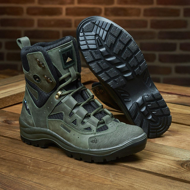 Универсальные кожаные Ботинки на двухкомпонентной подошве / Высокие Берцы с мембраной олива размер 39 - изображение 1