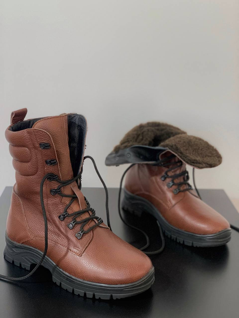 Зимние Берцы Ястреб из натуральной кожи с меховой подкладкой / Высокие утепленные ботинки коричневые размер 46 - изображение 1