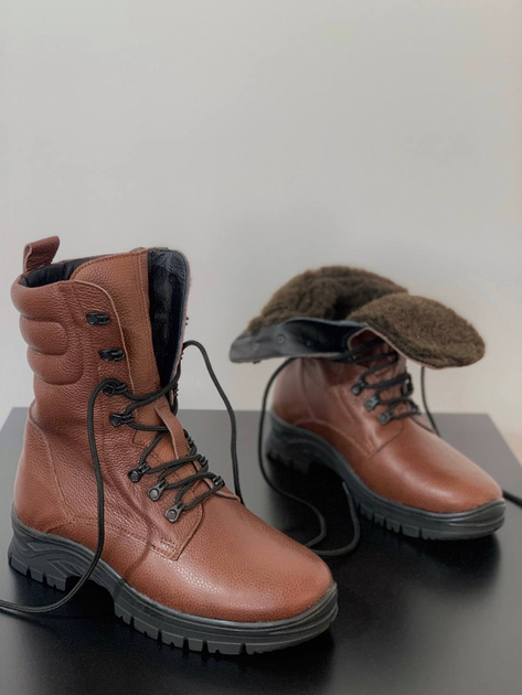 Зимние Берцы Ястреб из натуральной кожи с меховой подкладкой / Высокие утепленные ботинки коричневые размер 47 - изображение 1