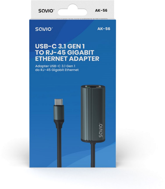 Адаптер Savio AK-56 USB-C 3.1 GEN 1 на RJ-45 Gigabit Ethernet (SAVAK-56) - зображення 2