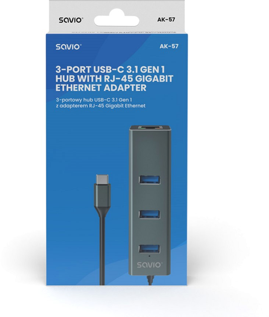 Hub USB Savio AK-57 3-portowy Hub USB-C 3.1 GEN 1 z adapterem RJ-45 Gigabit Ethernet (SAVAK-57) - obraz 3