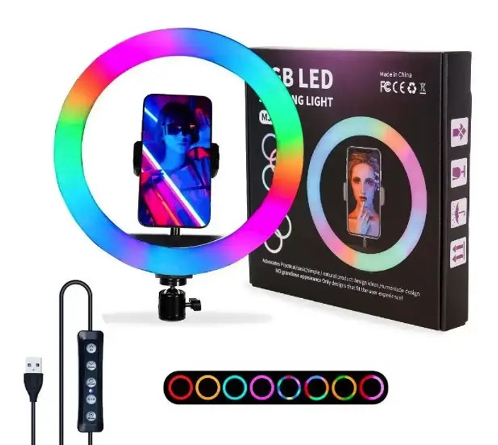 Кольцевая светодиодная цветная лампа RGB LED MJ30 селфи кольцо для телефона мультиколор 30 см - изображение 1