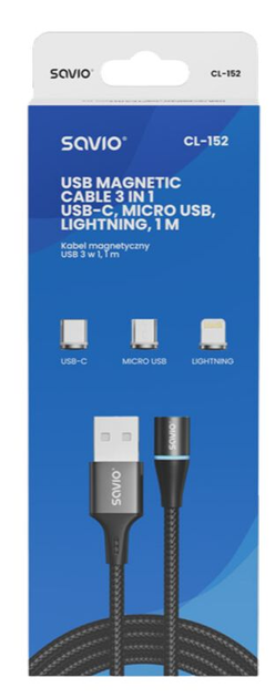 Кабель Savio CL-152 Magnetic 3 в 1 Тype-C, Micro USB, Lightning (SAVKABELCL-152) - зображення 2