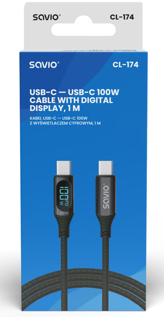 Kabel Savio CL-174 USB Type-C - USB Type-C 100 W z wyświetlaczem 1 m (SAVKABELCL-174) - obraz 2
