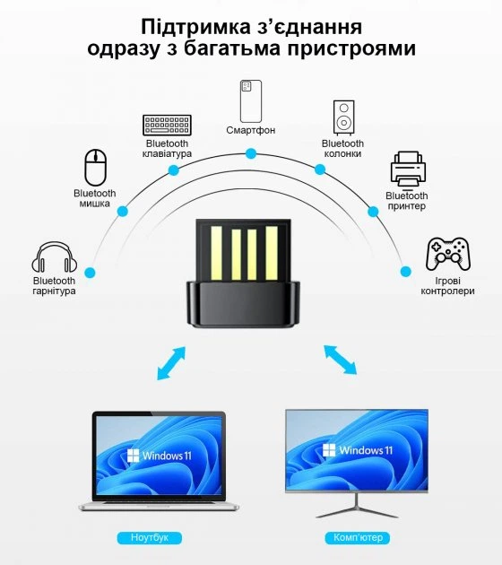 Bluetooth адаптер 5.1 блютуз адаптер для ПК, ноутбука, миші, клавіатури, принтерів, динаміків, навушників, Windows 11/10/8.1/8/7/XP Pavlysh II-77 - зображення 2