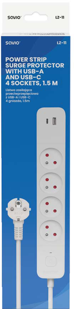 Listwa zasilająca SAVIO LZ-11 1.5 m 4 gniazda + USB-A + USB-C Biała (5901986047865) - obraz 6