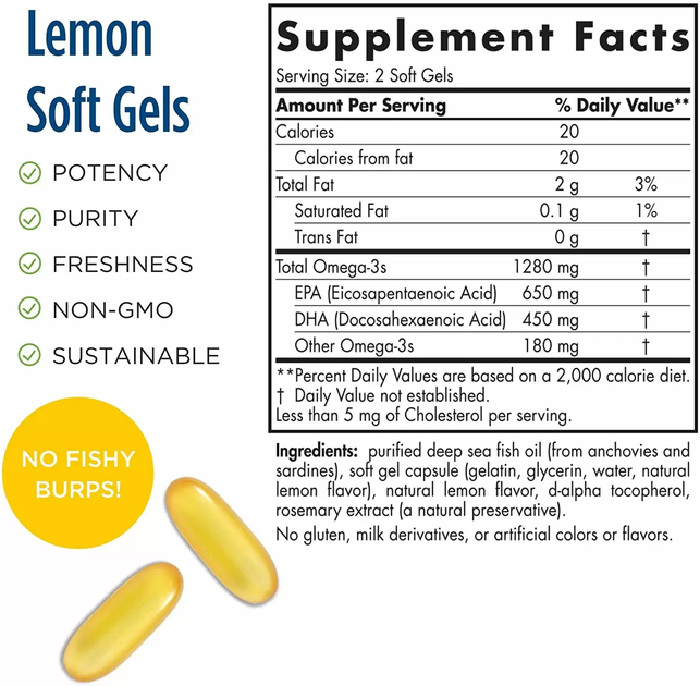 Nordic Naturals, Ultimate Omega, Lemon, 1,280 mg, 90 Soft Gels (NOR-01791) - изображение 2