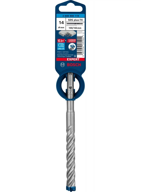 Ударный бур Bosch Expert SDS-plus-7X, 14x100x165 мм (2608900119) - Фото 2 Ударный бур Bosch Expert SDS-plus-7X, 14x100x165 мм (2608900119) - изображение 2