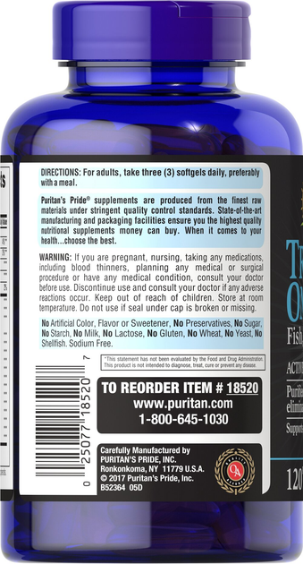 Омега 3-6-9, Triple Omega 3-6-9, Puritan's Pride, масло льна, буравчика и рыбы, 120 гелевых капсул (PTP-18520) - изображение 4