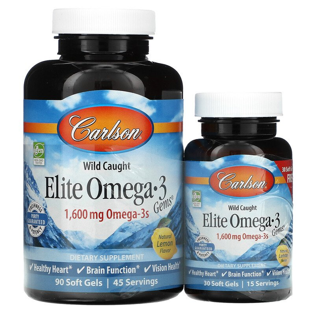 Омега-3, вкус лимона, (Elite Omega-3), Carlson Labs, 1250 мг, 90+30 ...