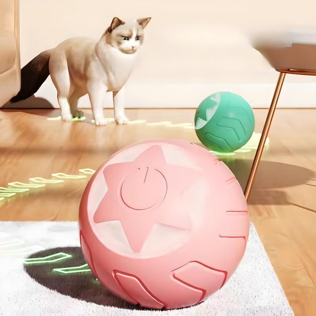 Мячик шарик для кошек, котов, USB smart игрушка со световой индикацией, хаотичным движением, звездочка, rose - изображение 3