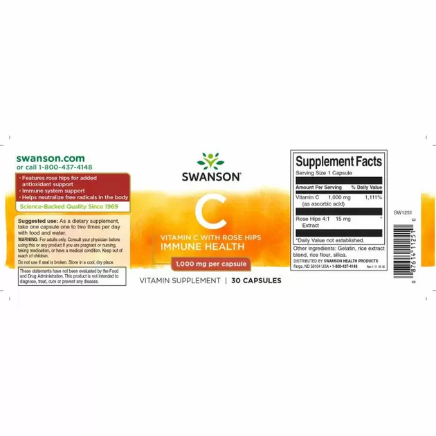 Витамин С с шиповником, Vitamin C, Swanson, 1000 мг, 30 капсул (SWV ...
