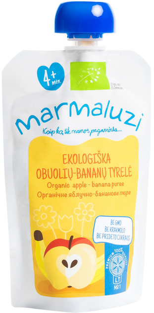 Упаковка органічного пюре Marmaluzi Яблучно-бананове в паучі 90 г х 3 шт (4779031614277-1) - зображення 2