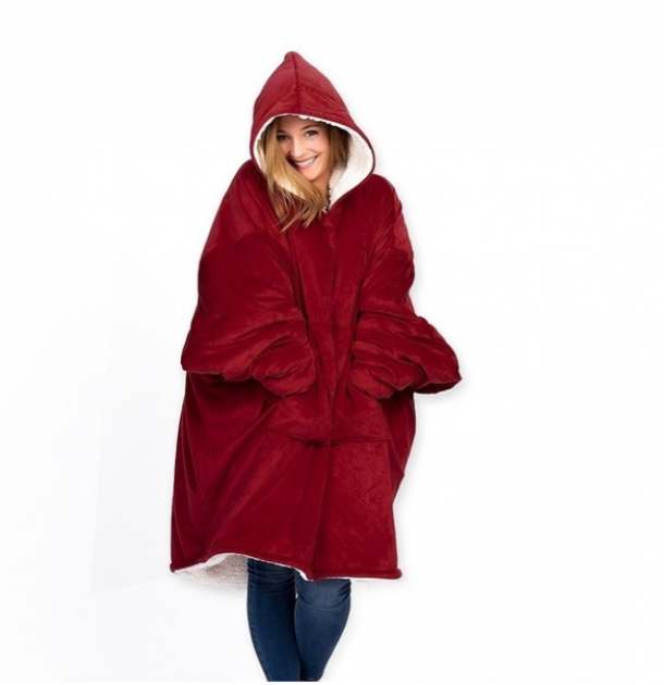 Плед толстовка двухсторонняя халат с капюшоном и рукавами флисовый Huggle Hoodie Blanket 3-в-1 Унисекс Бордовый One Size (D-2019091216) - изображение 11