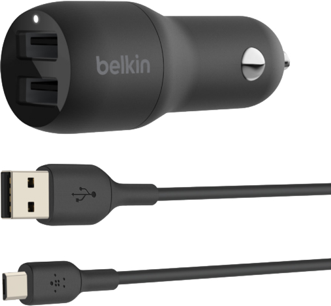 Ładowarka samochodowa Belkin Dual USB-A 1M PVC A-mUSB 24W czarna (CCE002BT1MBK) - obraz 1