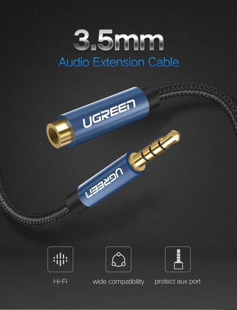 Кабель Ugreen AV118 3.5 мм Male to 3.5 мм Female 1 м Blue (6957303846733) - зображення 2