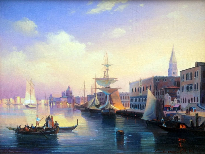Картина морской пейзаж Розово-синяя Симфония город, корабли яхты лодки люди море маслом на холсте 30х40см ручной работы художника Alleya-kartin - изображение 8