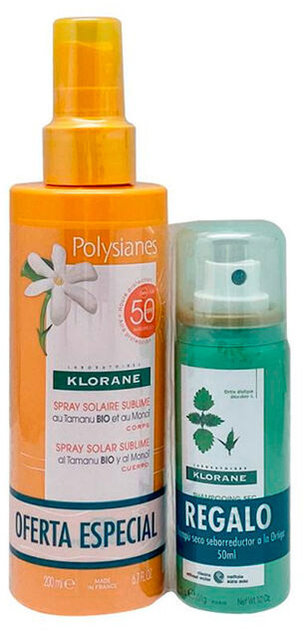 Zestaw Klorane Spray przeciwsłoneczny Sublime Sun Spray SPF50+ 200 ml + Suchy szampon Sebum Reducing Dry Shampoo 50 ml (3282779344722) - obraz 1