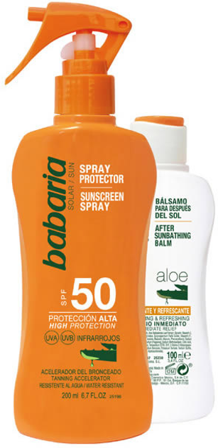 Zestaw Babaria Spray do ochrony przeciwsłonecznej SPF50 200 ml + Balsam po opalianiu 100 ml (8410412705431) - obraz 1