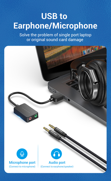 Звуковая карта Vention USB - 2x 3.5мм minijack с поддержкой микрофона 16 бит/48 кГц TRS Наружный Адаптер Стерео AUX 3-пиновый Черный CDYB0 - изображение 3