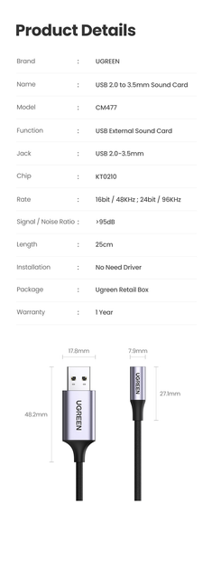 Звуковая карта Ugreen USB - 3.5мм minijack с поддержкой микрофона 24 бит/96 кГц TRRS Наружный Адаптер AUX 4-пиновый Металлический Черный - изображение 9