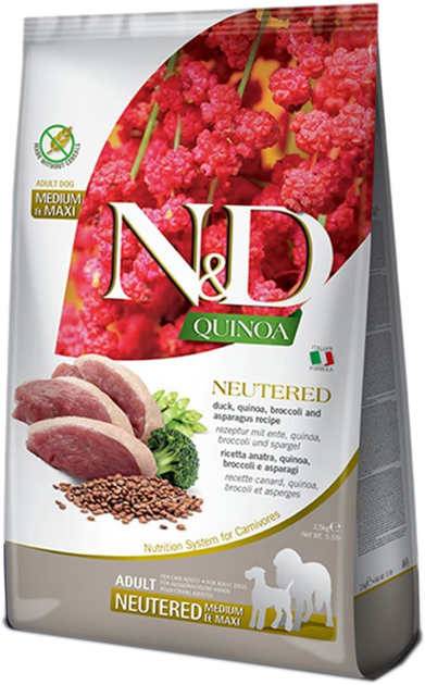 Karma sucha dla psów Farmina n&d quinoa duck,broccoli&asparagus neutered adult medium maxi 12 kg (8010276040176) - obraz 1