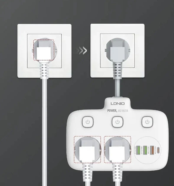 Фільтр Ldnio SE2435 - QC3.0, Type-C, 2 USB, 2 розетки, 3.4A (0.2m) Білий (771315) - Фото 5 Фільтр Ldnio SE2435 - QC3.0, Type-C, 2 USB, 2 розетки, 3.4A (0.2m) Білий (771315) - зображення 5