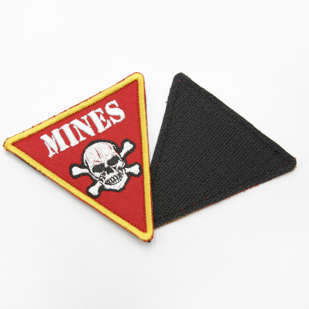 Вышитый шеврон MINES ЗСУ красный, нашивка-патч треугольник с черепом, шеврон "мины" - изображение 2