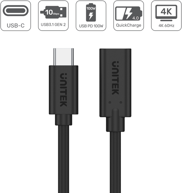 Подовжувач Unitek USB-C 10Gbps 4K PD 100W 1.5 m (C14086BK-1.5M) - зображення 3