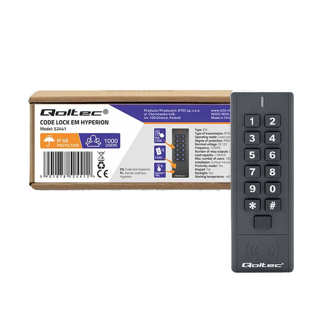 Klawiatura kodowa Qoltec HYPERION z czytnikiem RFID Kod/Karta/Brelok/IP68/EM (5901878524412) - obraz 3