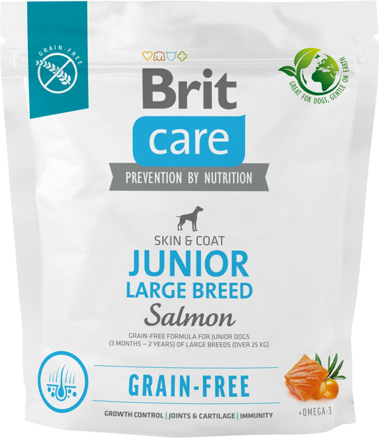 Karma sucha dla psów Brit care dog grain-free junior large z łososiem 1 kg (8595602558889) - obraz 1
