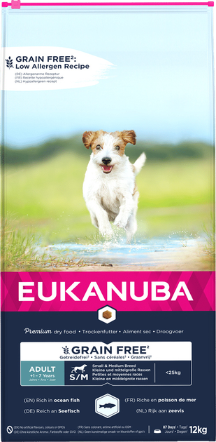 Сухий корм для алергіків Eukanuba adult small, medium grain free ocean fish dog 12 кг (8710255184753) - зображення 1