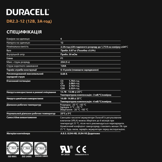 Аккумуляторная батарея Duracell | 12V 2.3Ah | F1 | AGM мультигель (DR2.3-12) - изображение 5