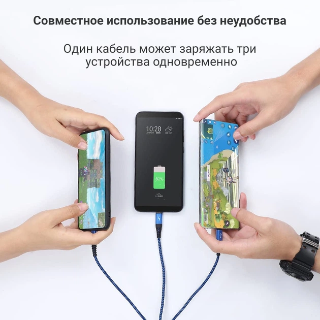 Кабель зарядки и синхронизации MicroUSB, Type-C, Lightning TOPK AN24 3 в 1 Blue - изображение 3