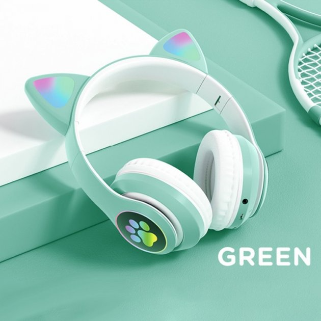 Наушники c кошачьими ушками CAT BL 4.2 c RGB подсветкой и MP3 плеером MicroSD, FM Зеленые - Фото 3 Наушники c кошачьими ушками CAT BL 4.2 c RGB подсветкой и MP3 плеером MicroSD, FM Зеленые - изображение 3