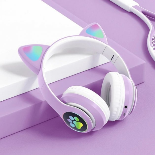 Наушники c кошачьими ушками CAT BL 4.2 c RGB подсветкой и MP3 плеером MicroSD, FM Фиолетовые - изображение 2
