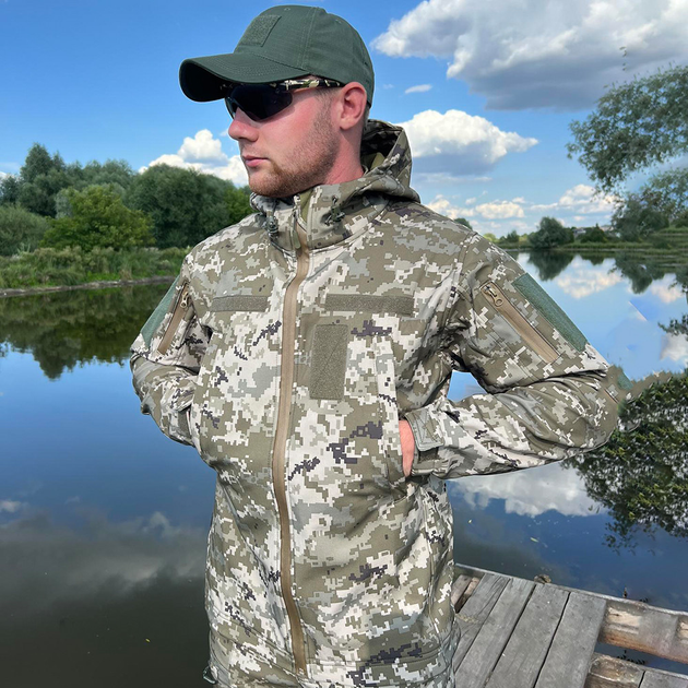 Мужская водонепроницаемая куртка Softshell с капюшоном и липучками под шевроны пиксель размер S - изображение 2